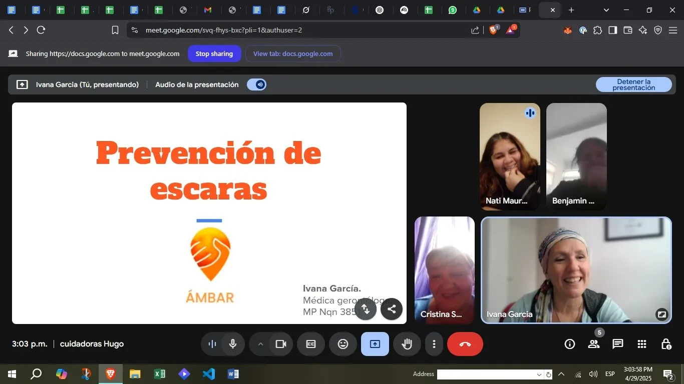 Capacitación virtual del equipo de Ámbar a cuidadores: prevención de escaras, con Ivana García presentando.