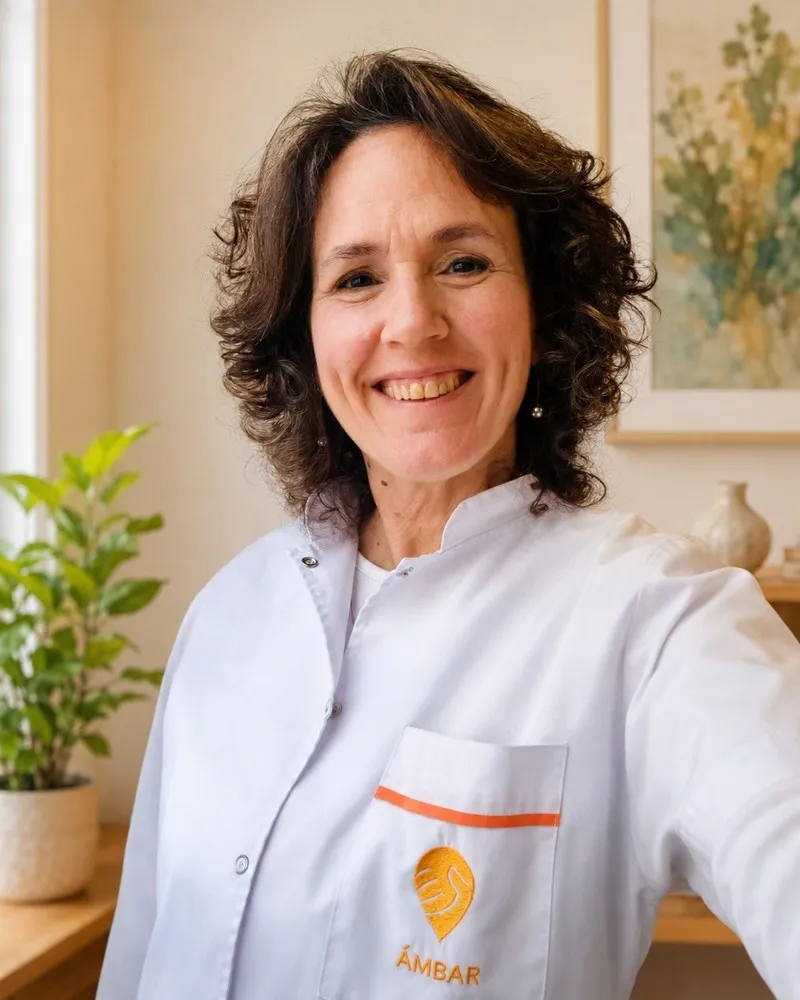 Retrato de Ivana García, médica gerontóloga y directora de Ámbar, con guardapolvo de Ámbar.
