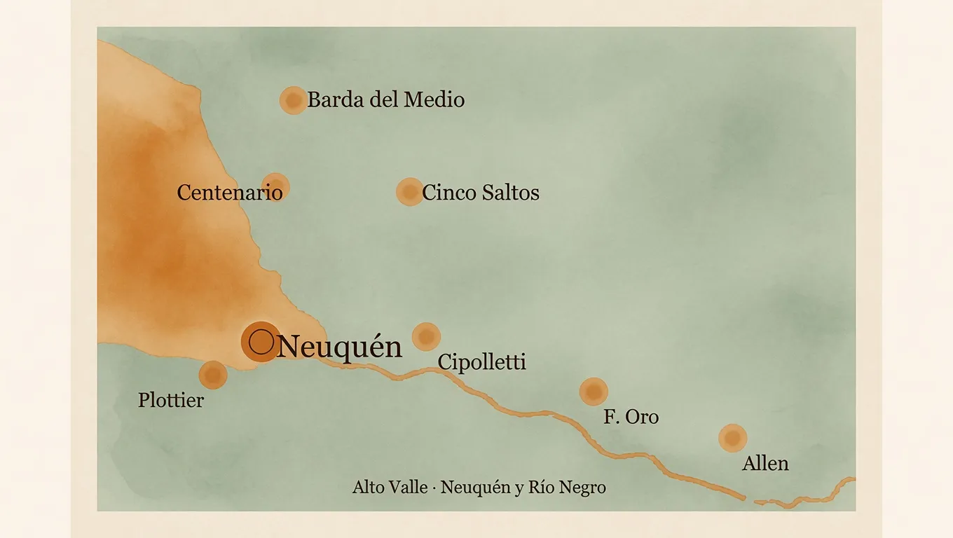 Mapa del Alto Valle con las localidades donde Ámbar atiende a domicilio.