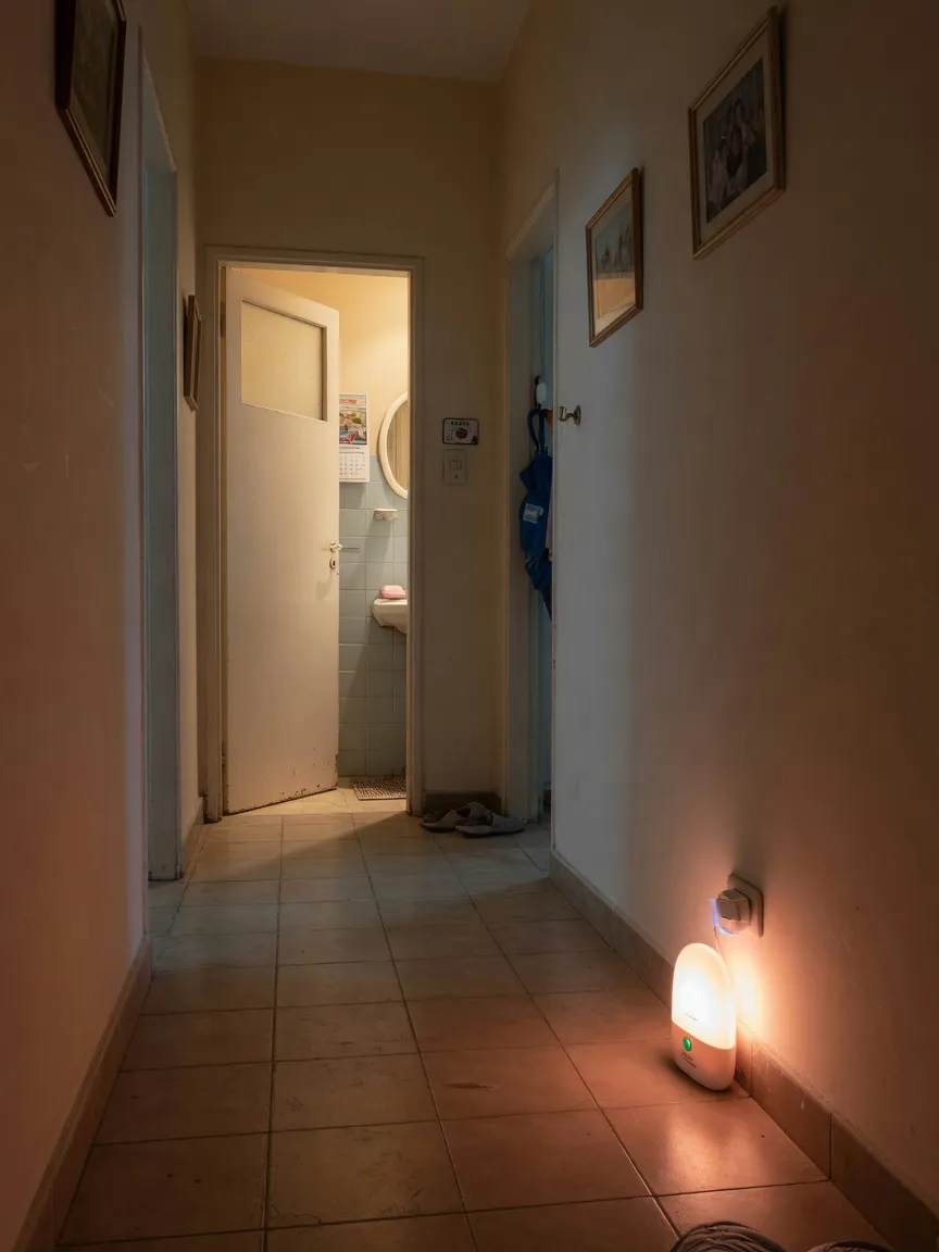 Luz de piso con sensor de movimiento encendida en el pasillo hacia el baño, de noche.