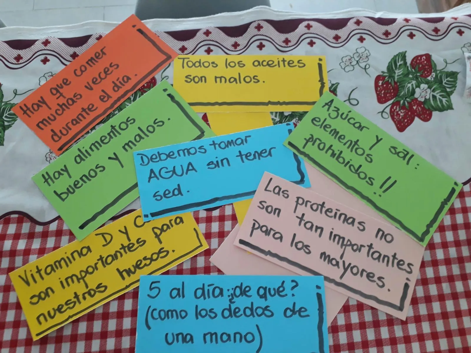 Carteles escritos a mano para un taller de alimentación, apoyados sobre un mantel a cuadros.