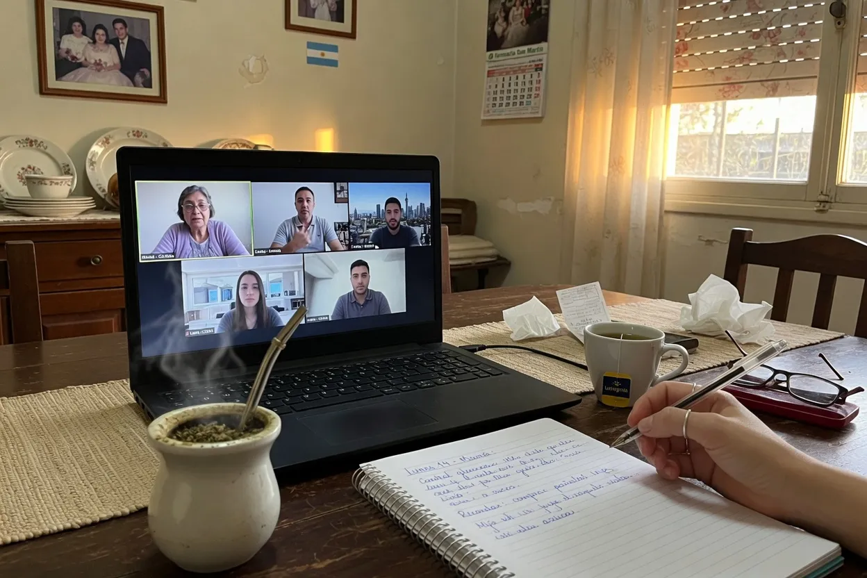 Reunión familiar por videollamada entre el equipo de Ámbar y los hijos que viven lejos.